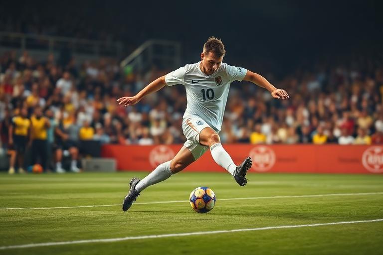 Footballer striking the ball at peak action