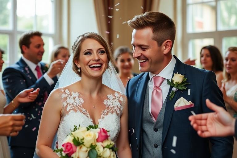 Wedding couple laughing during a confetti toss