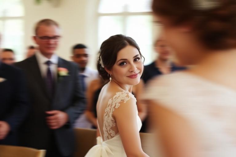 Bride turning her head during the ceremony, slightly soft