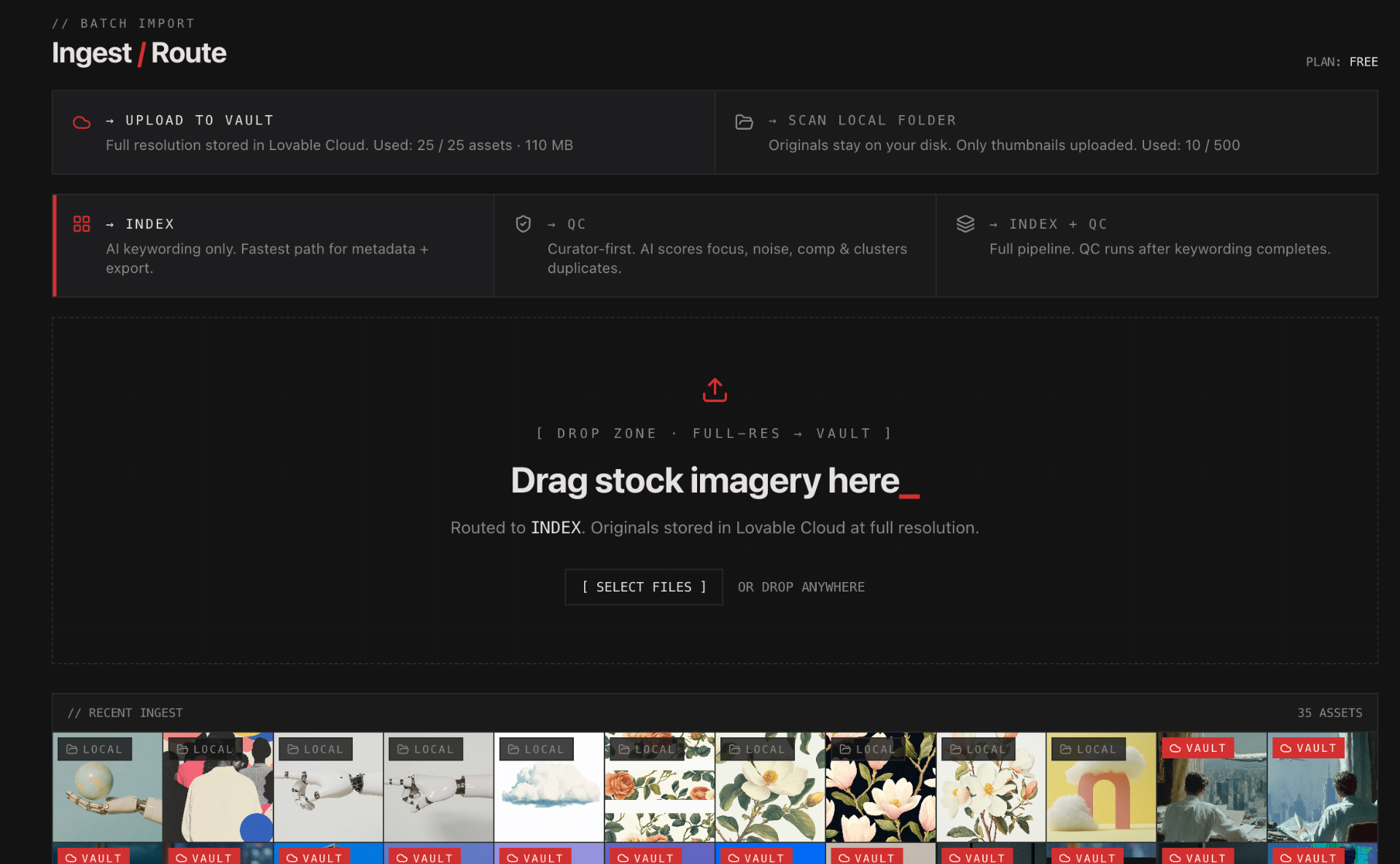 Stock Keyworder batch import screen routing images to AI title and keyword generation