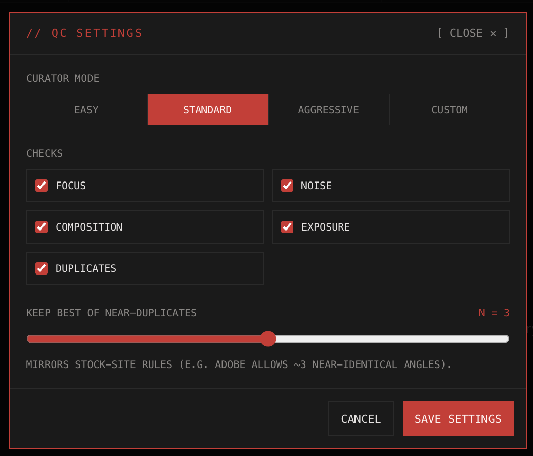 AI photo culling settings: focus, noise, composition, exposure and duplicate detection for stock photographers