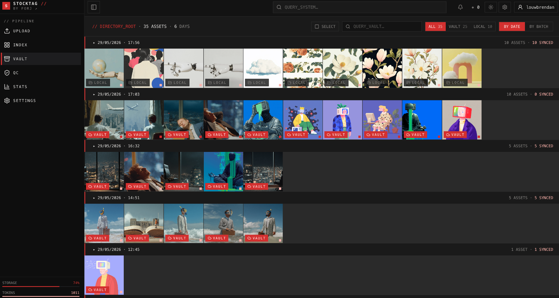 AI-generated keywords and metadata across a stock photography vault timeline